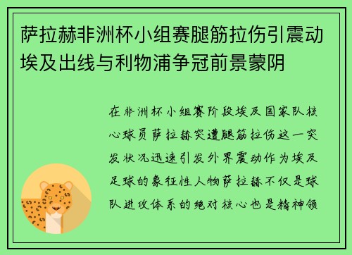 萨拉赫非洲杯小组赛腿筋拉伤引震动埃及出线与利物浦争冠前景蒙阴